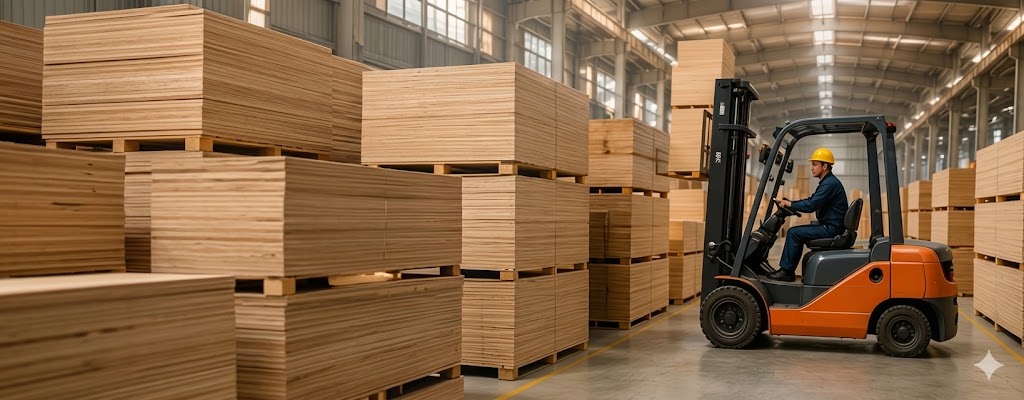 Person on forklift moving wood in a factory